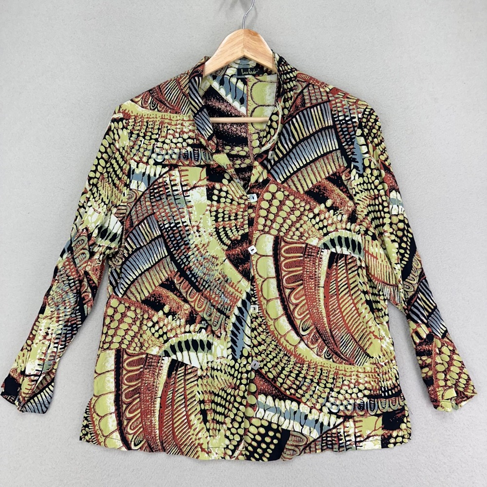 Lico Lindo Blouse Womens L Black Yellow Abstract Artsy Rayon USA Made‎ Lagenlook